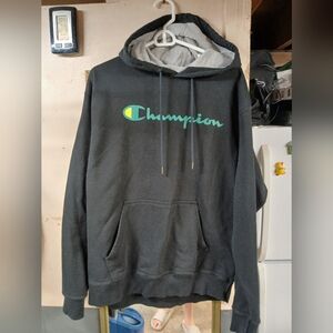 Champion Men's Black and Green Hoodie